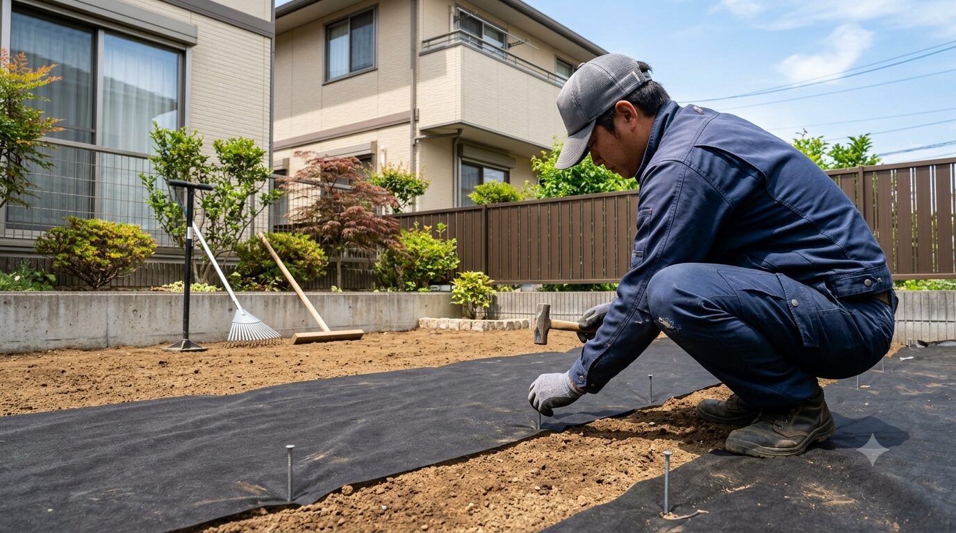 人工芝の下地整地・防草シート施工の様子（福岡）