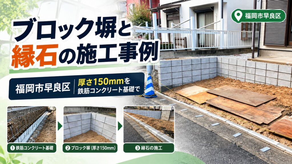 ブロック塀と縁石の施工事例 福岡市早良区 厚さ150mmを鉄筋コンクリート基礎で